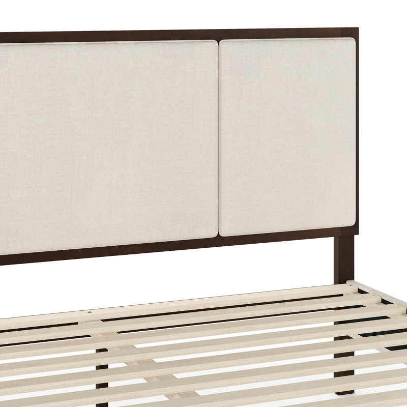 Queen Dark Brown and Beige Upholstered Wood Platform Bed