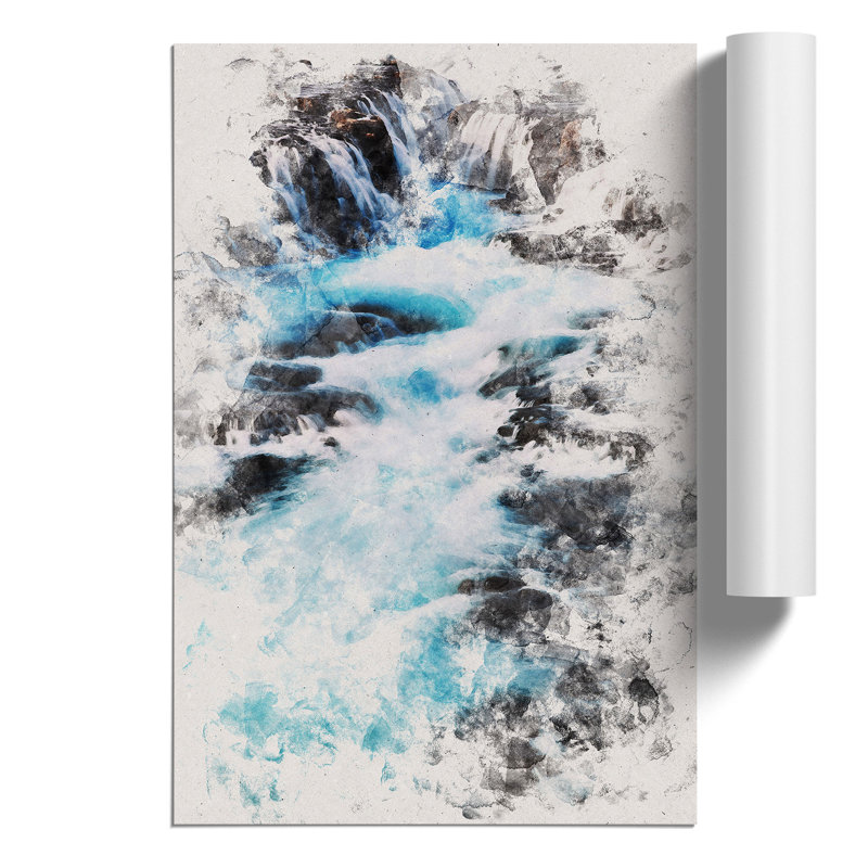 Waterfalls in Iceland Watercolour - Frameless Print, 42cm H x 30cm W x 0.1cm D