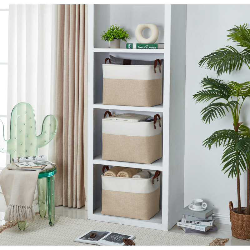 Foldable Storage Bin | Collapsible Sturdy Fabric Storage Basket Container W/Handles, Beige