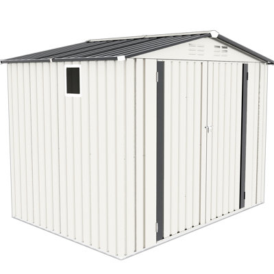 8X6 Ft Metal Outdoor Shed, Pitched Roof, Waterproof, One Window, Two Lockable Doors, White + Gray, For Storing Sundries Garden Storage Shed With Doors Tool, And Bike Storage, Suitable Balcony