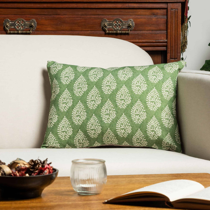 Striped and Floral Green Throw Cushion, 43x30cm, Feather filled