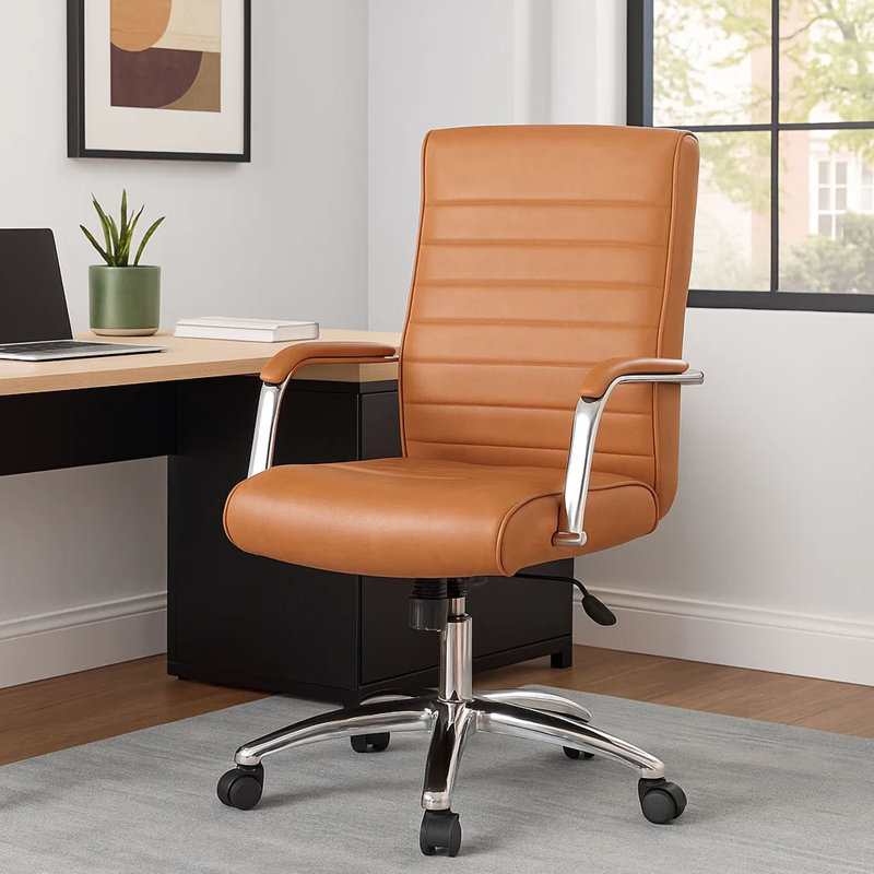 Fauteuil de direction roulant Megh, vinyle caramel, inclinable à ressort, Brun caramel