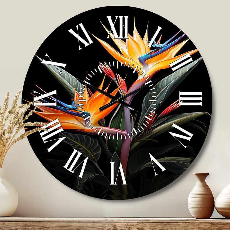 Birds Of Paradise Paradise II - Horloge murale blanche à motif floral et botanique, Médium