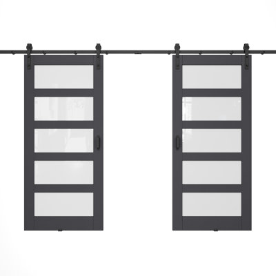 80''H 5-Lite Glass And Wood Paneled Black Primer Double Sliding Barn Door With Installation Hardware Kit (No Assemble Reqiured)