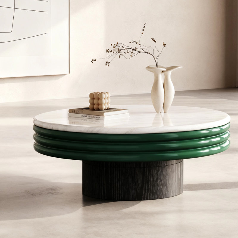 Table basse 34,6 po ronde en marbre avec base cannelée verte et piédestal en bois de frêne
