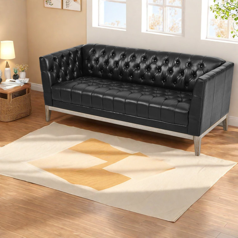 Canapé Chesterfield 3 places en polyuréthane noir, pieds en pin, style moderne., Black