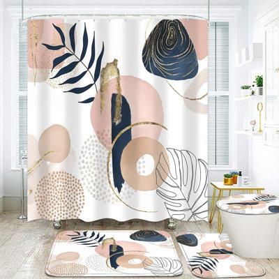 Boho Pink Navy Gold Shower Curtain Sets 4PCS Non-Slip Bath Mat Kit