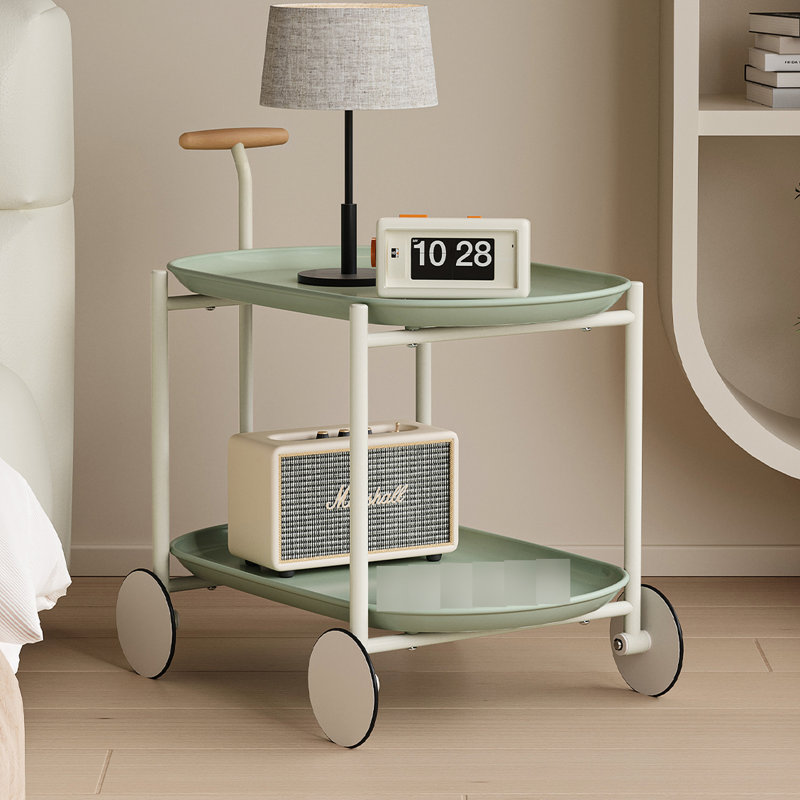 Chariot de rangement Moon pour le salon et la cuisine, chariot mobile nordique avec tablette double couche, structure en forme de T, 0 odeur, petit îlot, chariot de cuisine de forme rectangulaire, espace de tablette de style,