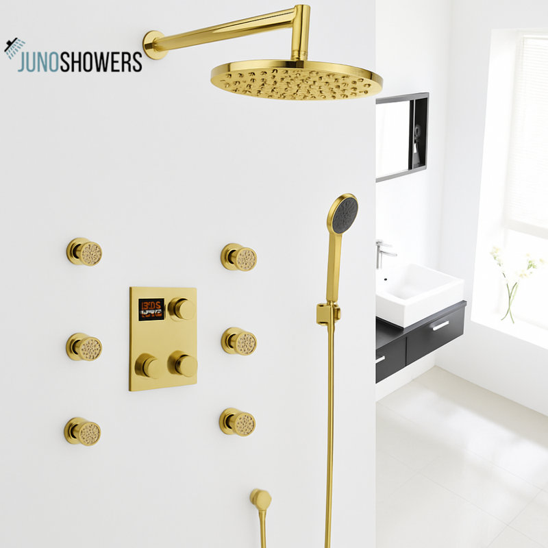 Robinet de douche noir mat avec valve thermostatique et douchette amovible