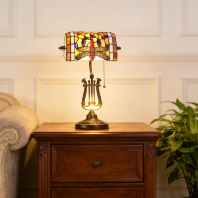 Tiffany-style Dragonfly Stained Glass Table Lamp With Bronze Lyre Base