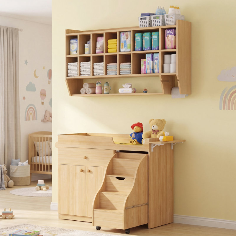 Organisateur de couches mural avec 14 casiers et lumières DEL, armoire de rangement réversible en bois pour chambre de bébé et préscolaire