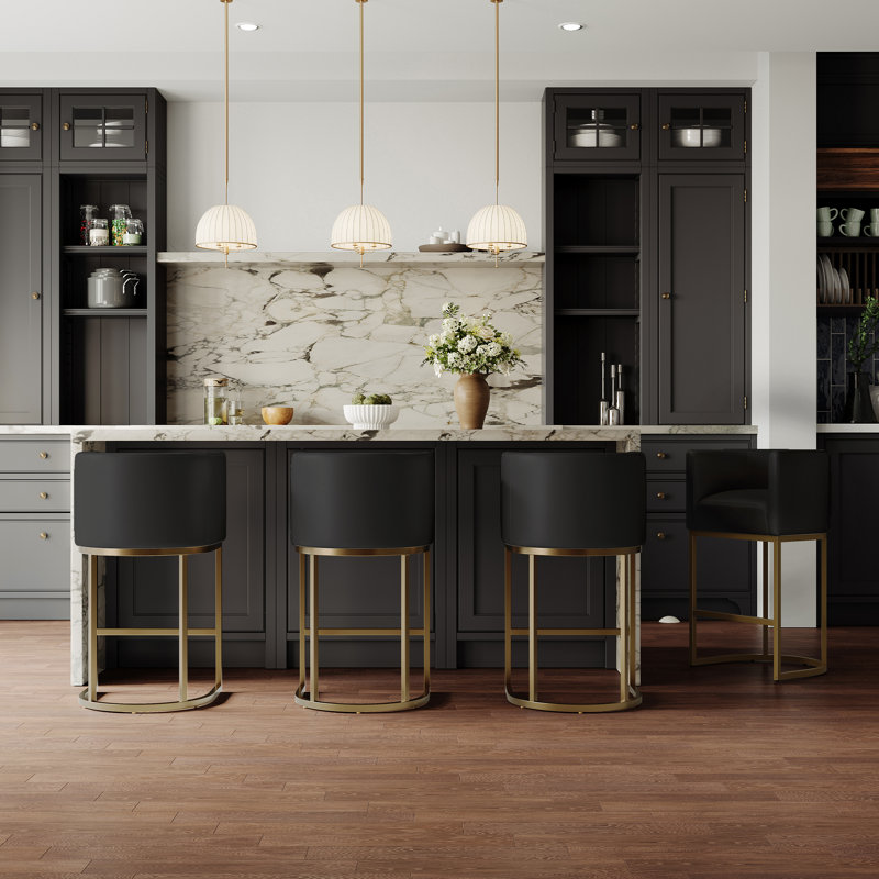 Tabouret de bar moderne, tabourets de bar à hauteur de comptoir, cuir de polyuréthane noir avec pieds en métal doré, Doré