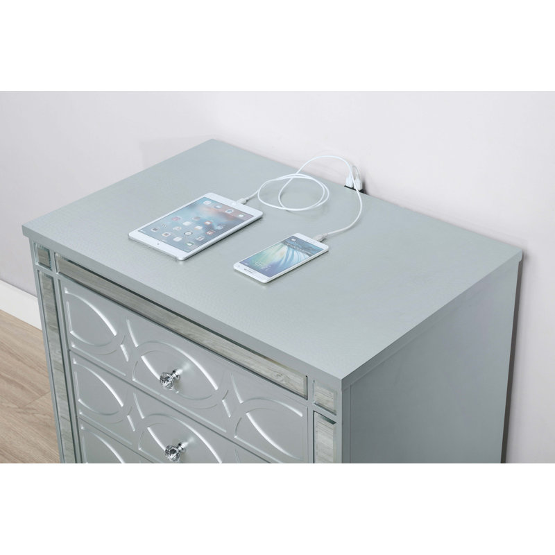 Silver Metallic 2-Drawer Nightstand with Mirror Trim and Acrylic Pulls