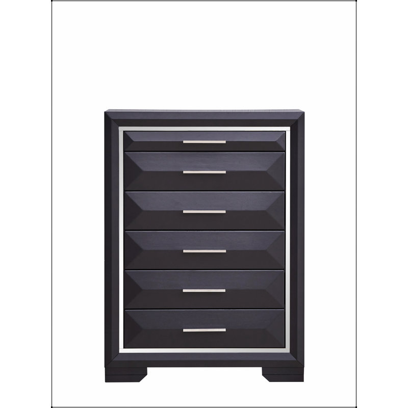Commode élégante en placage de bois noir avec cinq tiroirs spacieux, solution de rangement durable et polyvalente pour les maisons modernes.