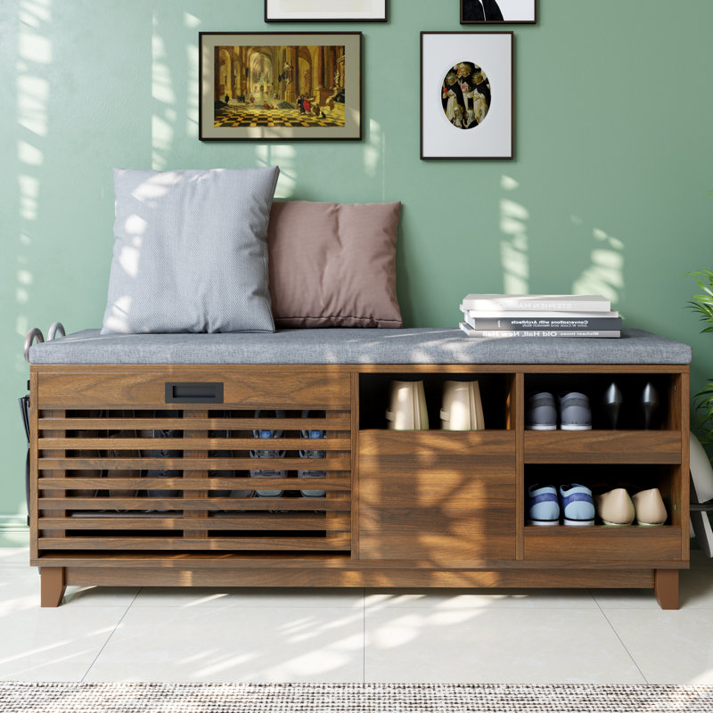 Banc de rangement pour chaussures avec tiroir rabattable et coussin, banc d'entrée 47,2 po avec 2 tablettes coulissantes et rangement semi-ouvert, banc à chaussures avec support latéral pour couloir, chambre à coucher