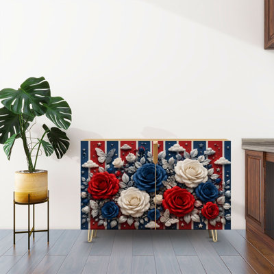 Sideboard Buffet Cabinet with Storage Patriotic Red White Blue Rose Floral Arrangement Butterflies Silver with 2 Doors for Living Room and Kitchen