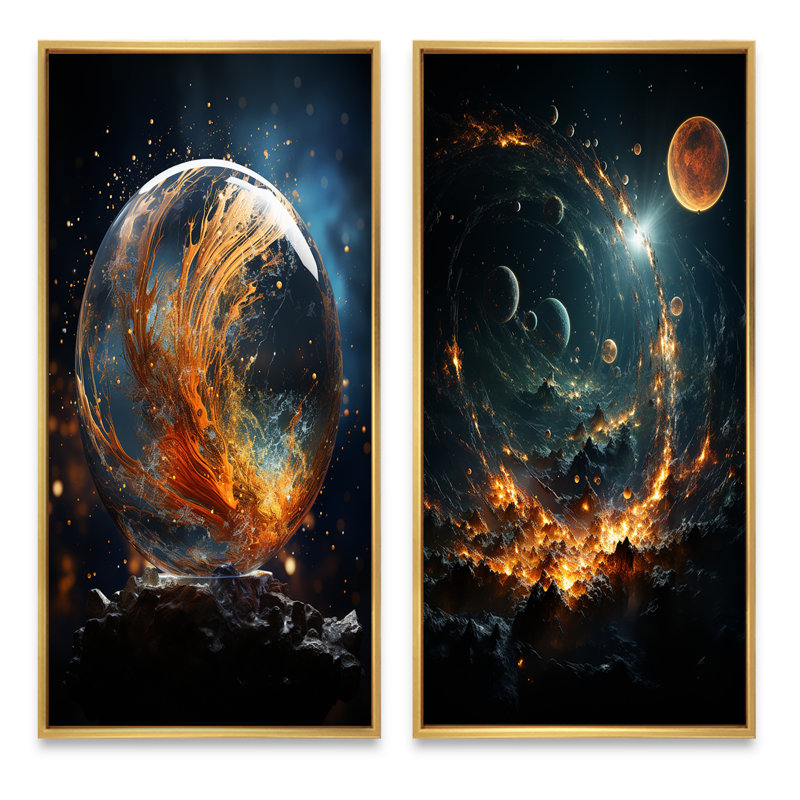 Galaxies Planets "Galaxies Planets" 2 - Pièces sur, Encadrement doré, H 40 po x l 40 po