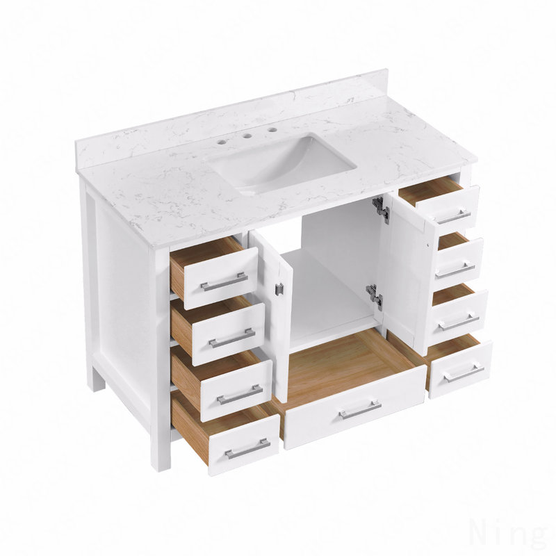 Meuble-lavabo autoportant avec comptoir, armoire de rangement en bois massif, Blanc, 48"