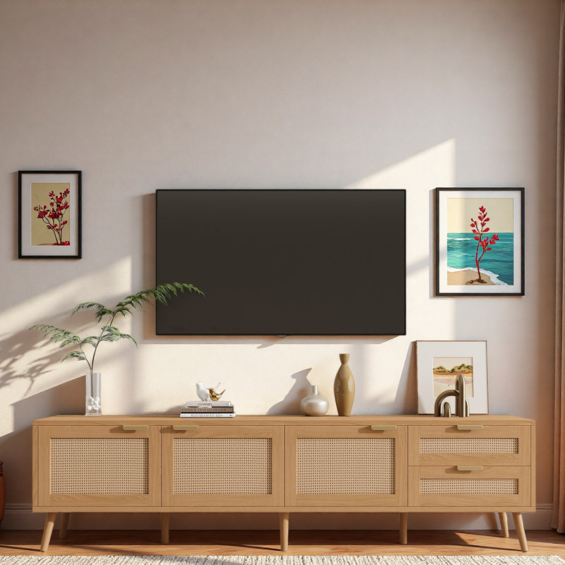 Modern 70-Inch TV Stand With Rattan Doors, Media Console For 80-Inch Tvs, Storage, 2 Drawers, Entertainment Center | Gift Idea