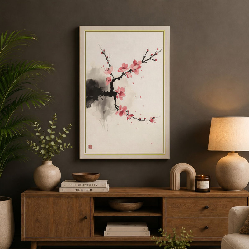 Spring Blossom Branch Japandi - Wrapped Canvas, 24x16 - 61.0 x 40.6 cm, Taupe Border