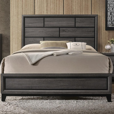 Wooden Bed With Panel Style Headboard In Gray