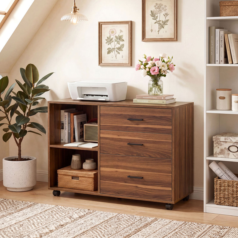Classeur latéral mobile avec tiroirs et tablettes, armoire de rangement à roulettes, brun, Light Walnut