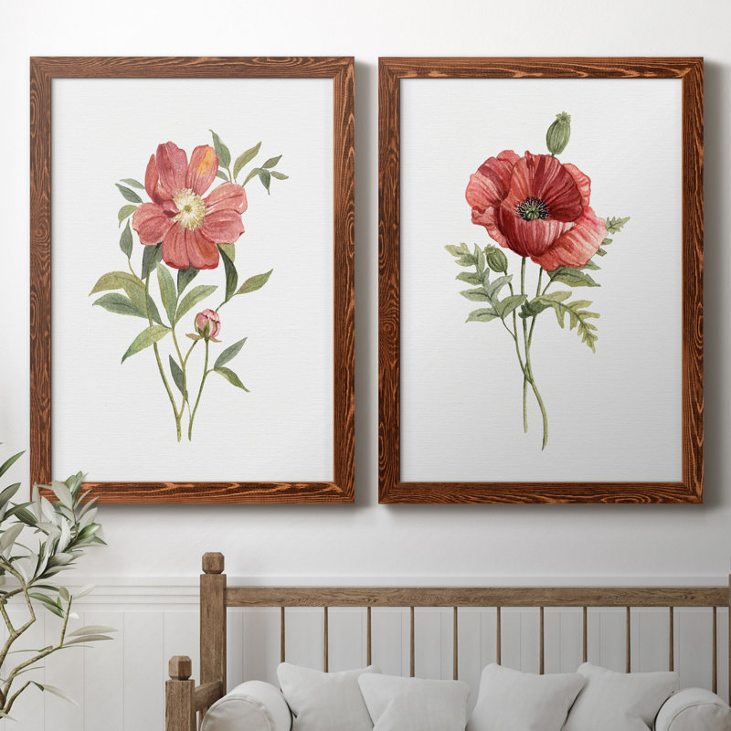 Pivoine écarlate - ensemble de 2 reproductions d'art, H 44 po x l 31 po x P 1 po, Toile avec cadre érable, Pas de tapis
