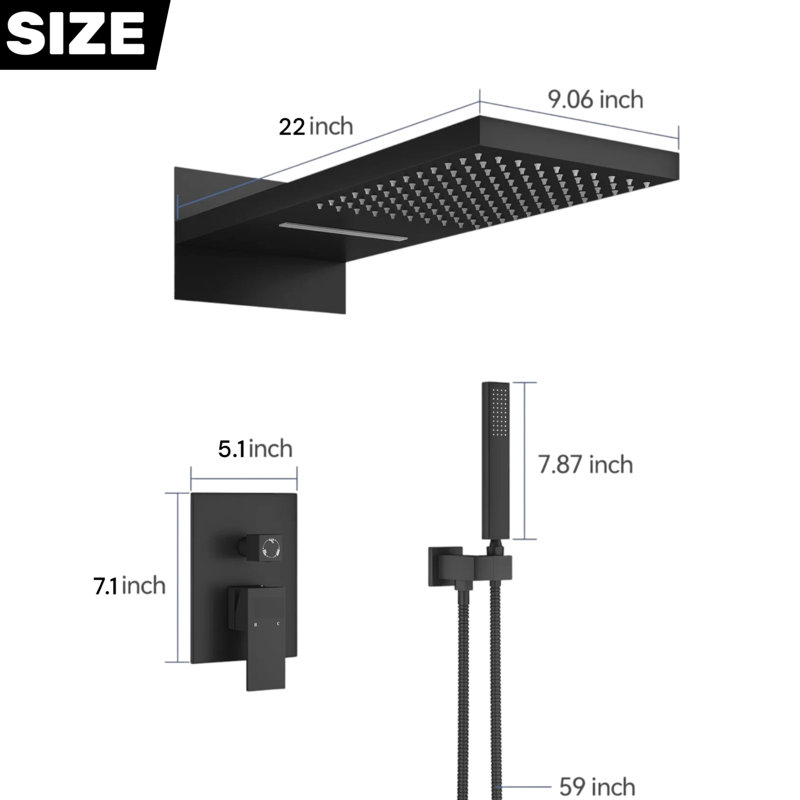 High-End Modern Luxury 3-Function Shower Faucet Set, Complete Shower System with 22" x 9" Waterfall & Rainfall Shower Head, Handheld Shower and Pressure Balancing Valve