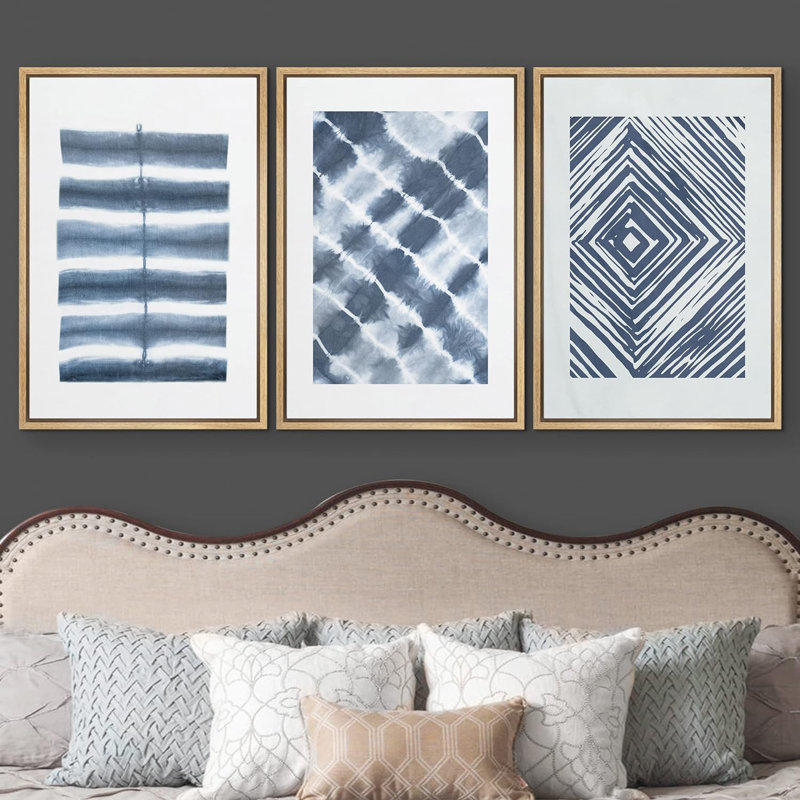 Blue Line Art and Diamond Illusion Collage Abstract Patterns Modern Art Mid-Century Modern, Cadre naturel flottant