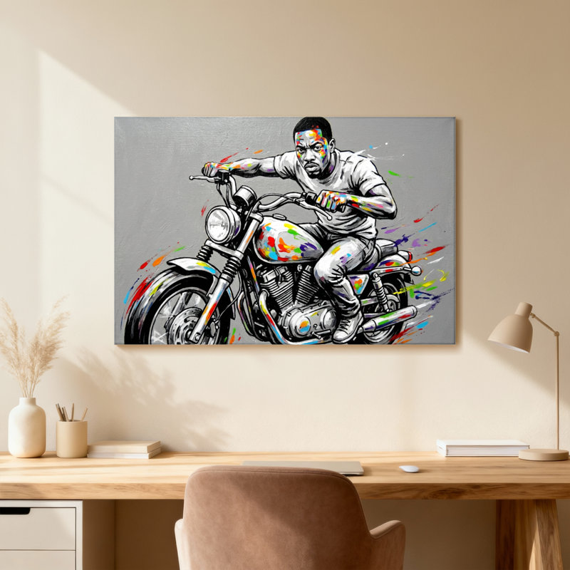 Motif coloré de motocycliste, H 16 po x l 24 po, Cadre photo unique, Grain de bois clair