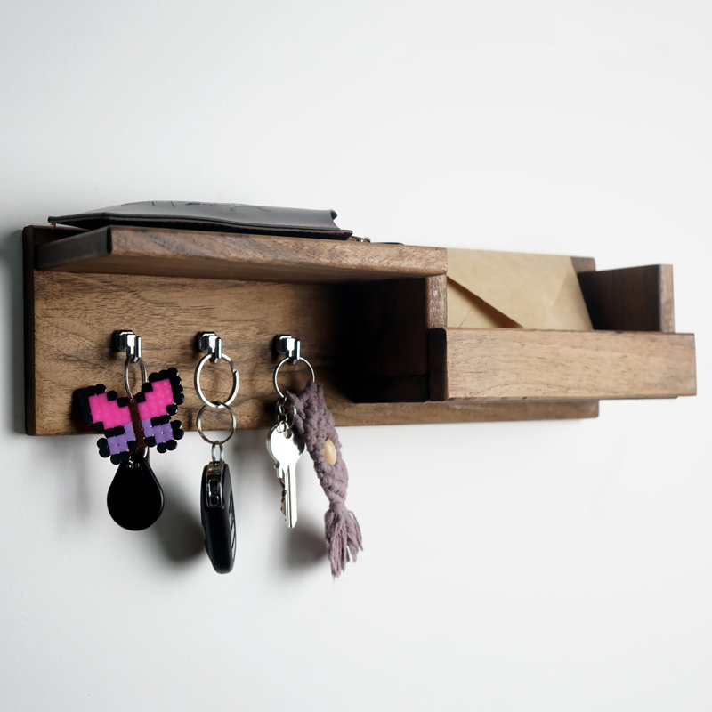 Porte-clés mural en noyer avec tablette – Organisateur d'entrée de 40 cm avec 3 crochets et fente pour le courrier