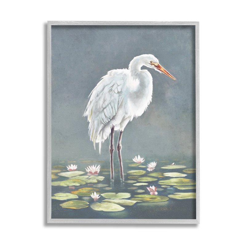 White Heron & Pond Lilies, art de la giclée encadrée par Lucca Sheppard, Cadre flottant gris lustré