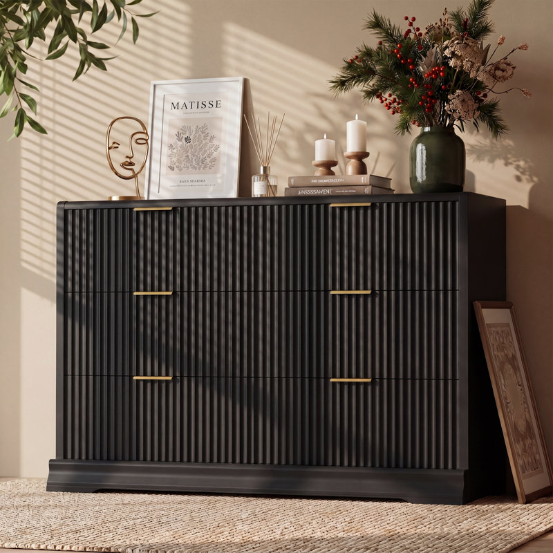 Fluted 6-Drawer Dresser with Solid Wood Base, Black