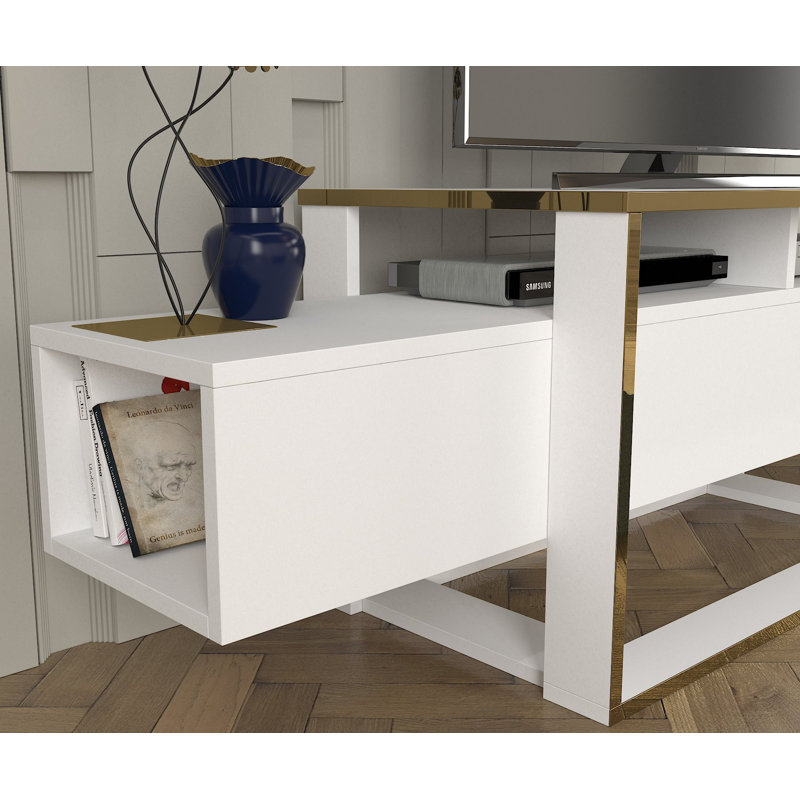 Modern TV Stand with Wall Mount Capability, White & Gold, 63.0 x 19.6 x 18.1 inches | 100% Melamine Coated Particle Board, 0.7 inches Thick | Multiple Shelves for Additional Storage, Stylish & Functional Design