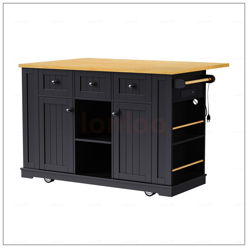 Large Kitchen Island With Drop Leaf, Power Outlet, And Spacious Storage On 5 Wheels For Enhanced Mobility And Organization