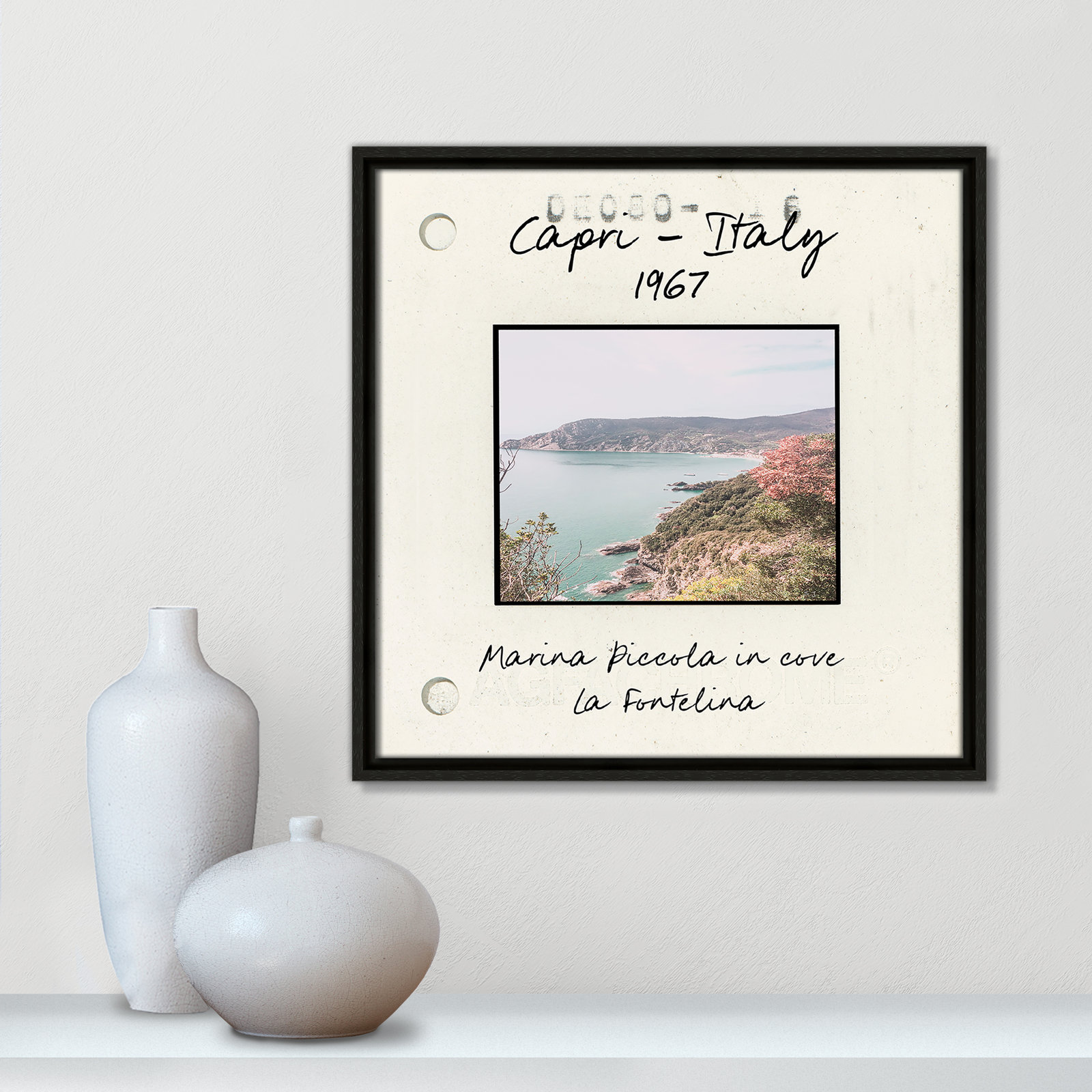 Travel Slide Collection "Capri, Italy - Marina Piccola" Print, Espresso Floater Framed Canvas, 17.5" H x 17.5" W x 2" D