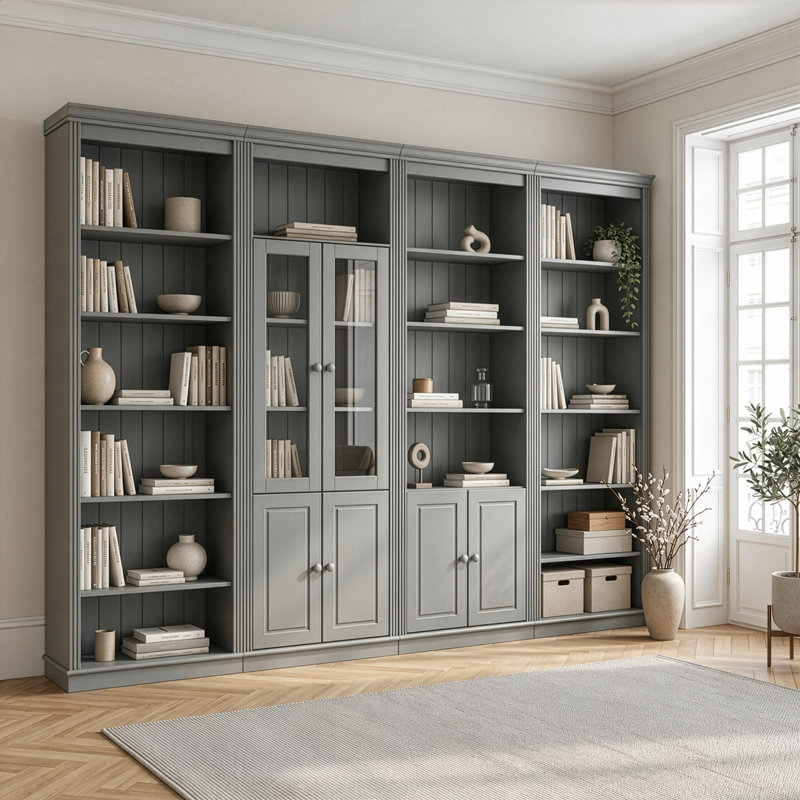Fieldway 223cm H x 370cm W Bookcase, Grey/Lacquer