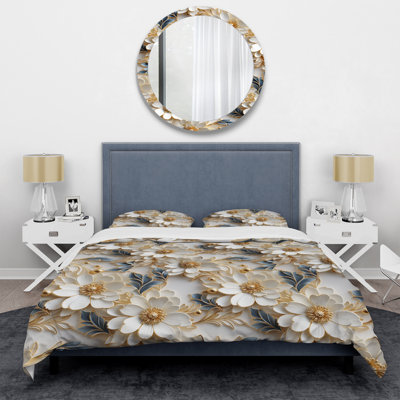Golden White And Blue Flowers Elegance Floral Duvet Cover