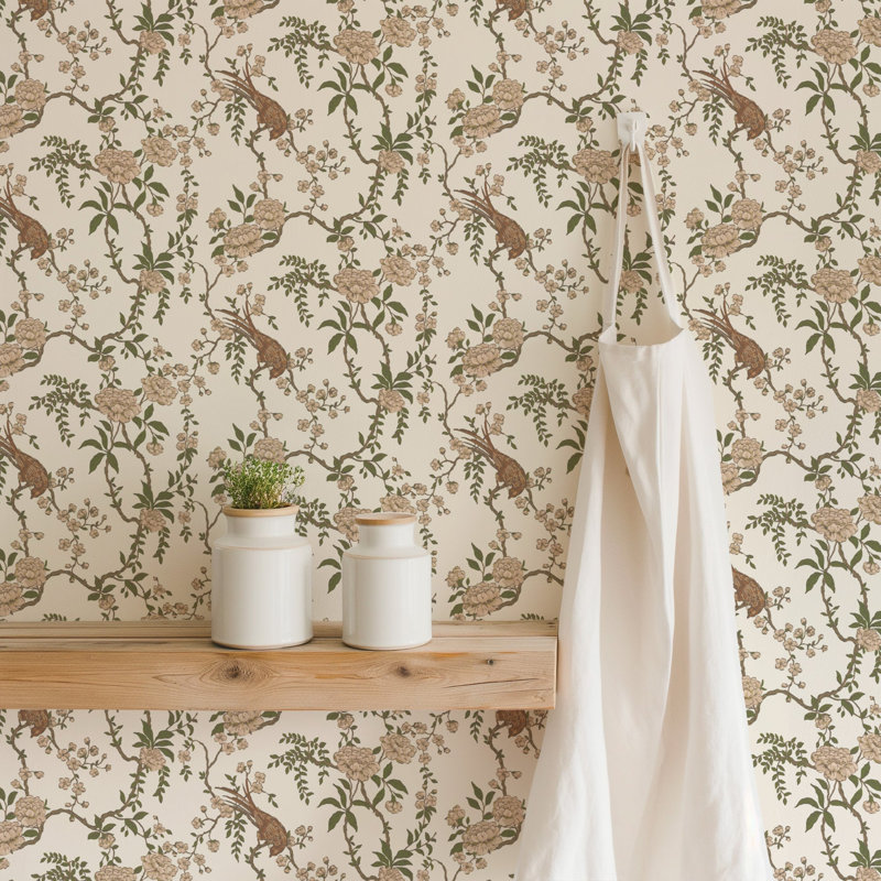 Lady Charlotte Birdsong 10' L x 24" W Wallpaper Roll, Cream, PVC, Self-adhesive
