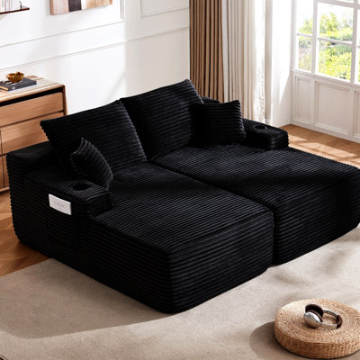 Canapé d'angle 2 places en tissu de 175 cm avec méridienne double noire et rembourrage à ressorts pour salon moderne, prêt à l'emploi, sans montage. Méridienne en L, confort immédiat.