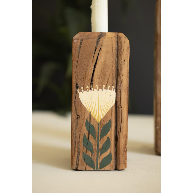 ENSEMBLE DE DEUX PORTE-BOUGIES EN BOIS RECYCLÉ AVEC PEINTURE