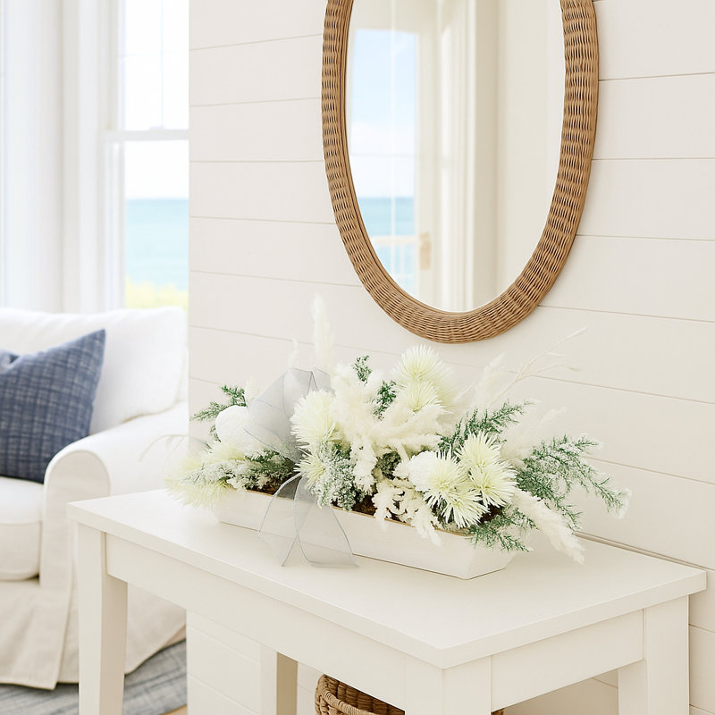 Coastal Holiday Centerpiece with Flocked Cedar, Ornaments and Starfish