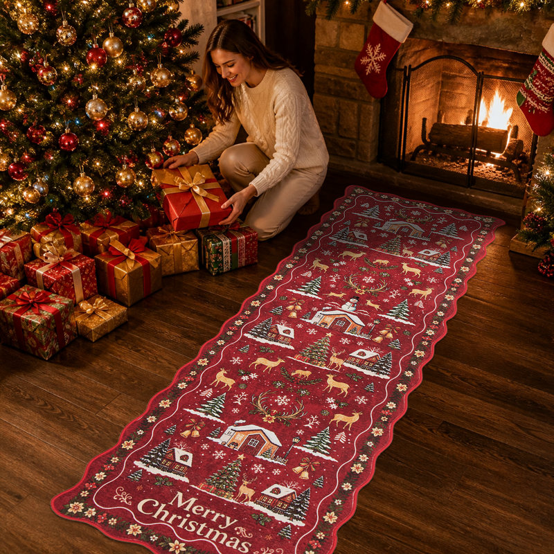Tapis rouge festif à bordure festonnée Merry Christmas, Rectangle 96 po x 24 po