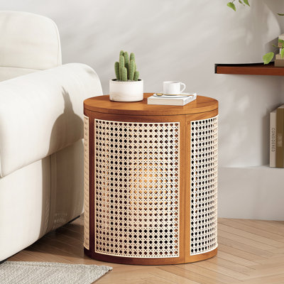 Table d'appoint ronde de 15,7 pouces avec motif tissé, abat-jour ocre, facile à assembler et à utiliser pour la décoration de la table en bois, surface, couleur, entretien facile