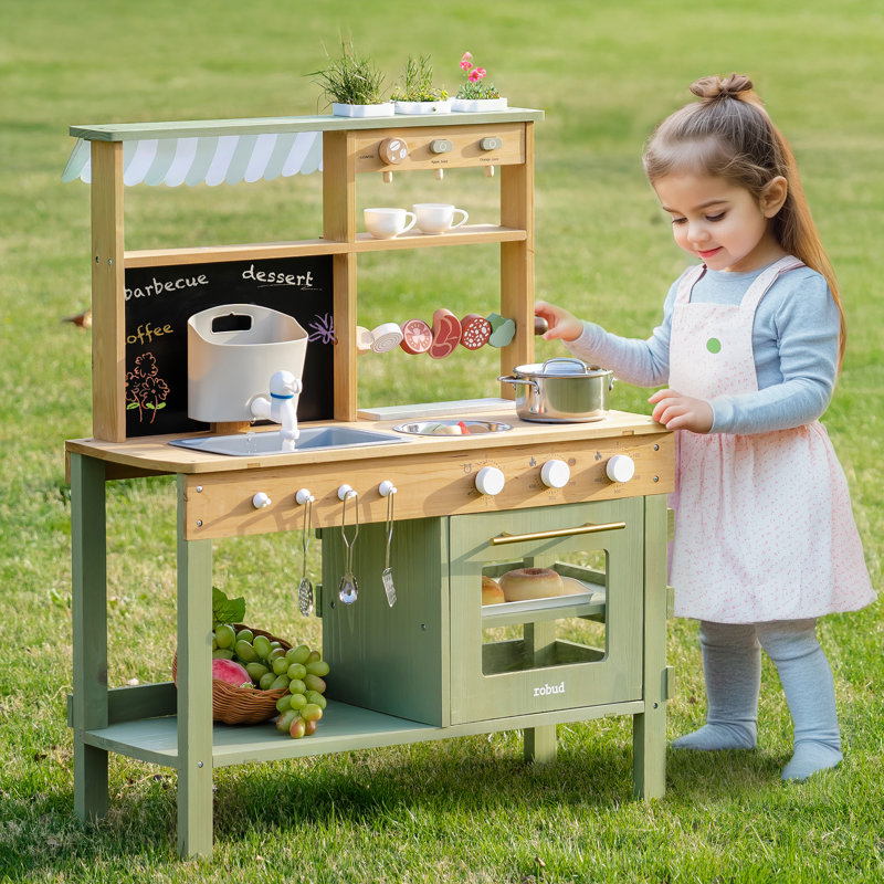 Cuisine de boue en bois pour enfants, ensemble de jeu extérieur avec évier, barbecue, cafetière, zone de plantation et four