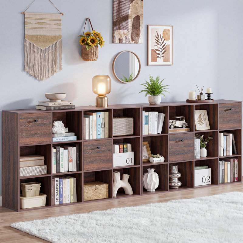 47" W Cube Storage Shelf with 12 Cubes & 2 Fabric Drawers, Rustic Wood Walnut Bookcase & Display Cabinet for Study, Bedroom, Living Room & Office, Individual