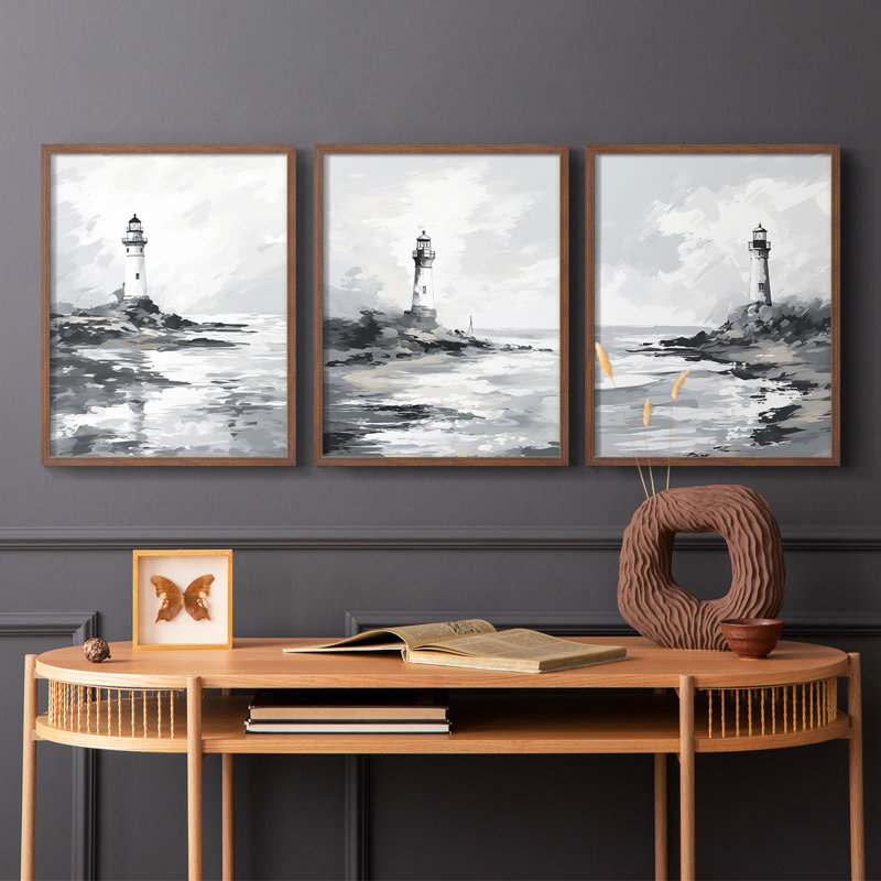 Série Sea and Shore Cxxxi - Ensemble de 3 estampes numériques encadrées - Prêt à être accroché, Cadre noyer