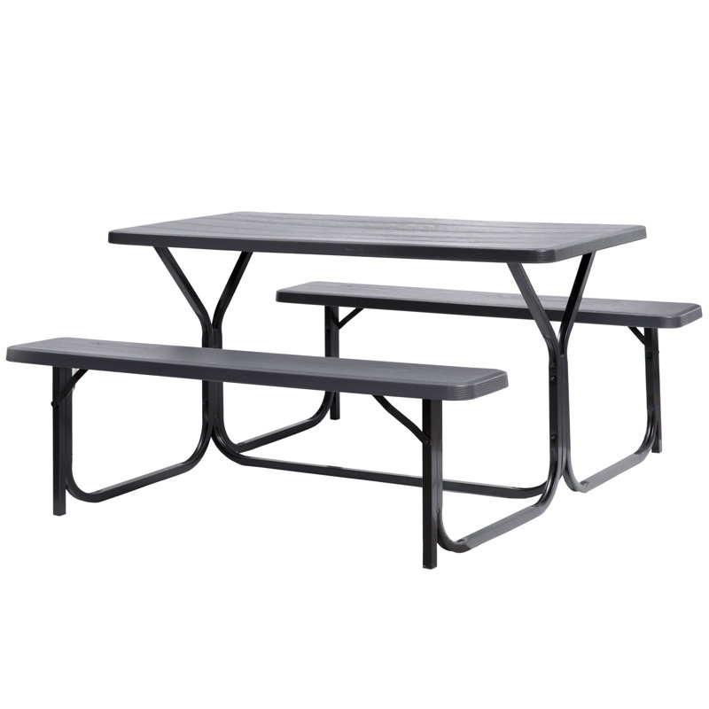 Ensemble de table de pique-nique gris avec bancs, table de salle à manger en plastique grain de bois avec structure en métal robuste, table de pique-nique de jardin pour tous les espaces extérieurs, 6 personnes
