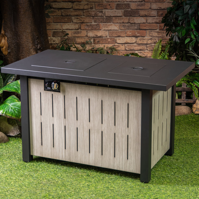 Deko Living 42 Inch Rectangular Outdoor Propane Gas Fire Pit Table 50,000 BTU Heater with Glass Bead Filler and Ice Bucket