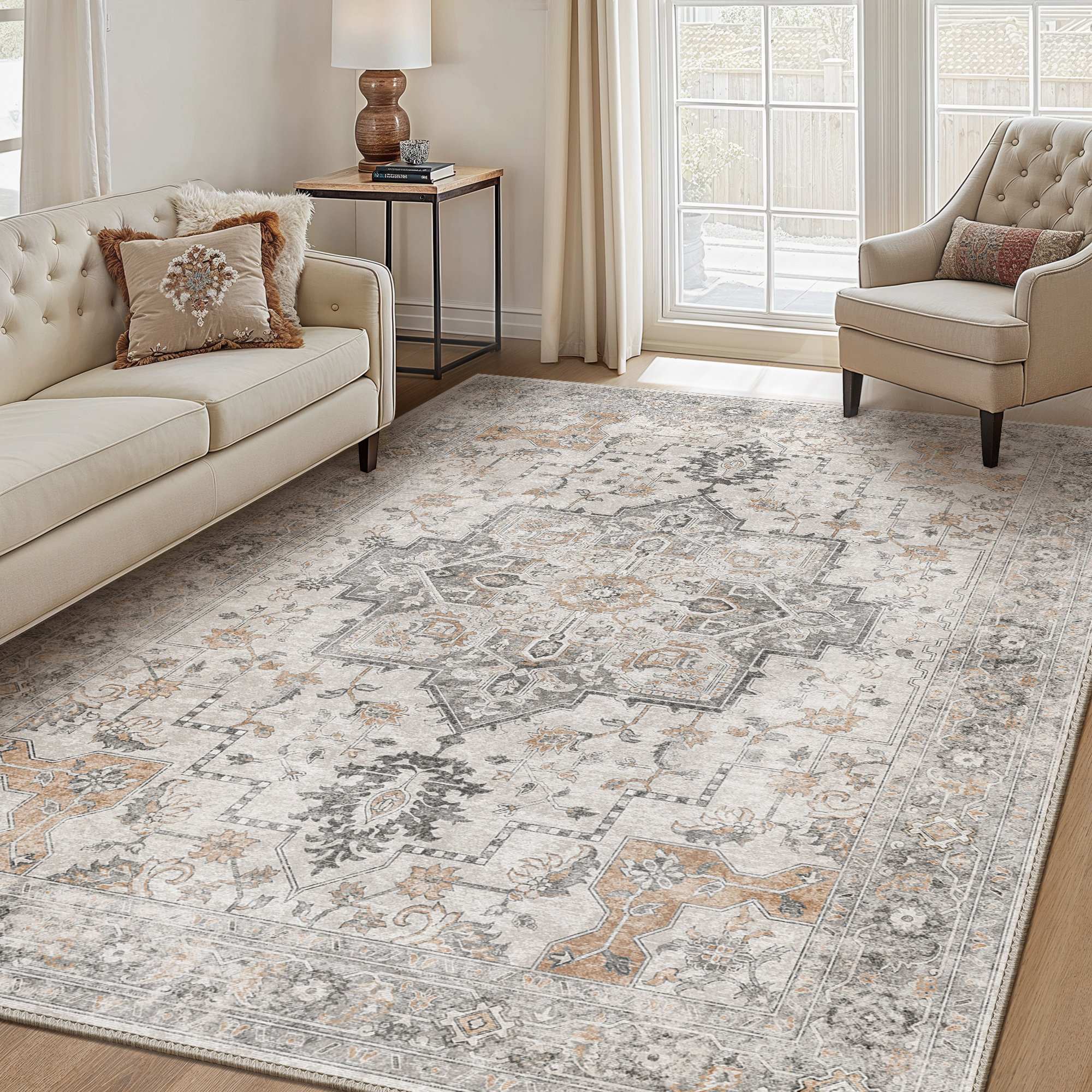 Roehit Beige/Brown Washable Non-Slip Area Rug